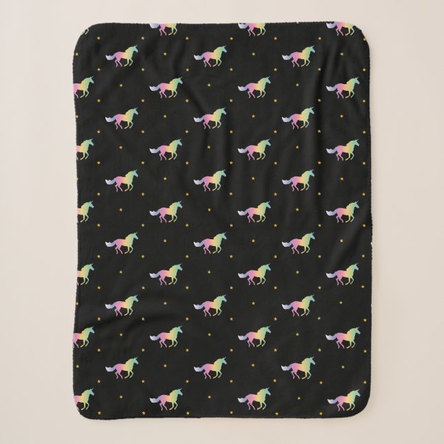 Rainbow Unicorns & Gold Stars Pattern Sherpa Blanket (Front)