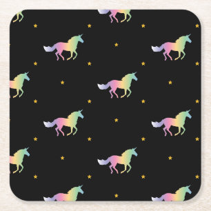 Rainbow Unicorns & Gold Stars Pattern Square Paper Coaster