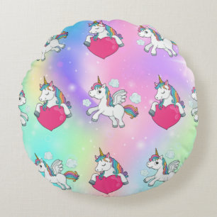 Rainbow Unicorns Hearts Print Round Pillow