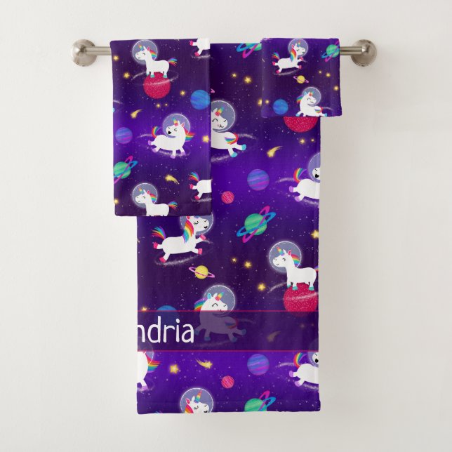 Rainbow Unicorns In Space Purple Ombre Bath Towel Set (Insitu)