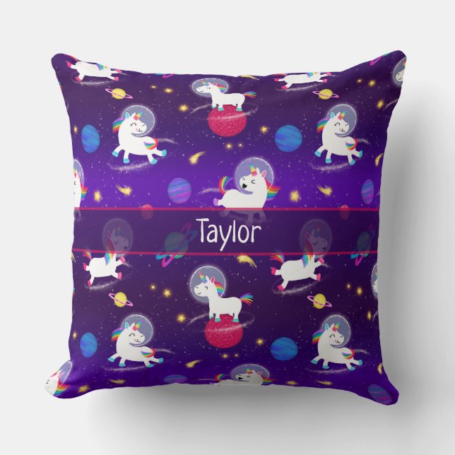 Rainbow Unicorns In Space Purple Ombre Cushion (Front)