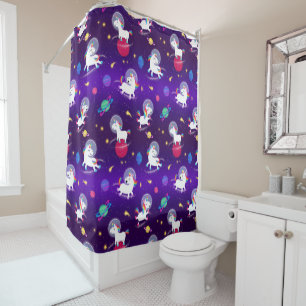 Rainbow Unicorns In Space Purple Ombre Shower Curtain