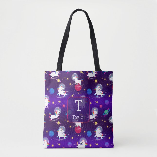 Rainbow Unicorns In Space Purple Ombre Tote Bag (Front)