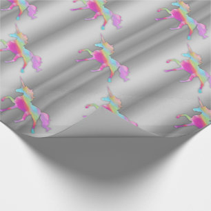 Rainbow Unicorns on Silver Wrapping Paper
