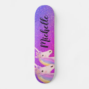 Rainbow Unicorns Purple Pink Glitter Personalised Skateboard