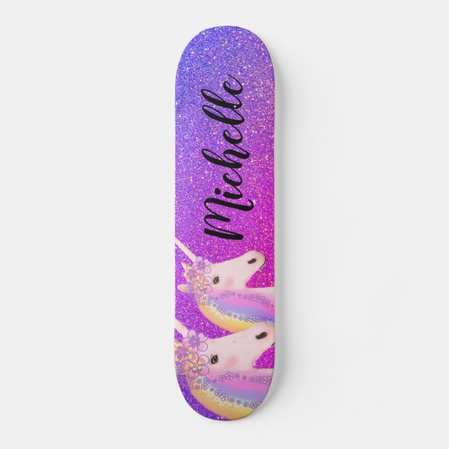 Rainbow Unicorns Purple Pink Glitter Personalised Skateboard (Front)