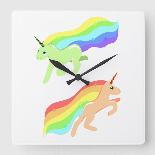 Rainbow Unicorns Square Wall Clock (Front)