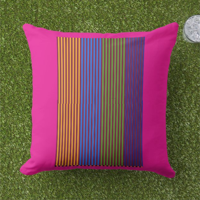 Rainbow Vertical Strips + Trim Decorative Pink Cushion (Grass)