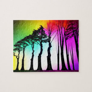 Rainbow Vibrant Sky Over Black Silhouette Trees Jigsaw Puzzle