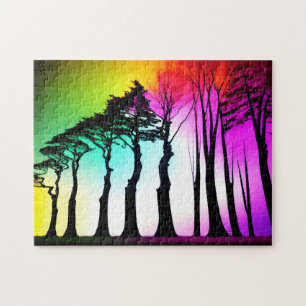 Rainbow Vibrant Sky Over Black Silhouette Trees Jigsaw Puzzle