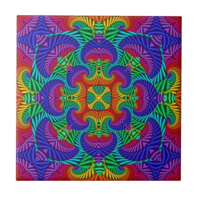 Rainbow Vintage Psychedelic Fractal Kaleidoscope Ceramic Tile (Front)