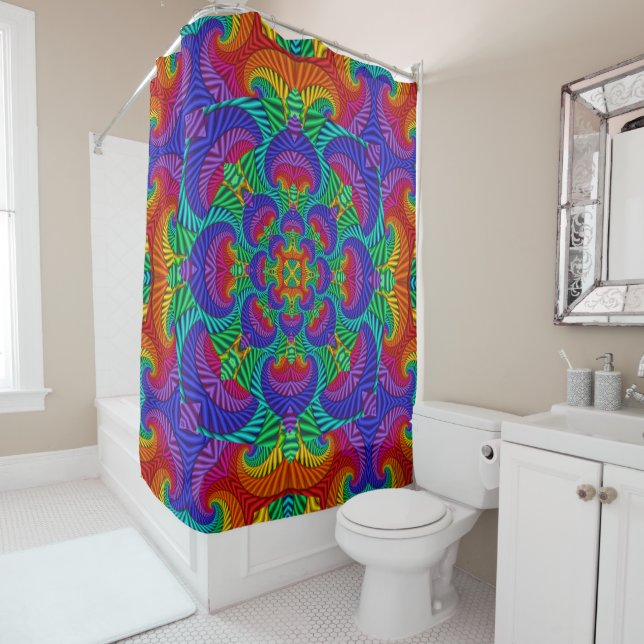 Rainbow Vintage Psychedelic Fractal Kaleidoscope Shower Curtain (In Situ)
