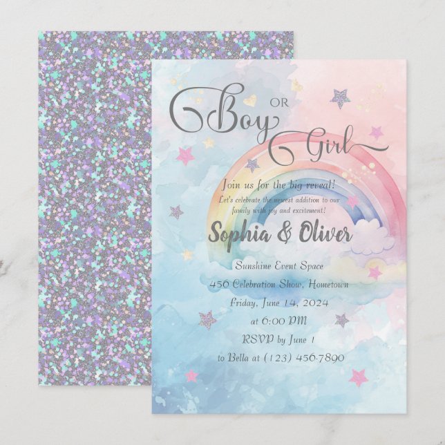 Rainbow Watercolor Abstract Gender Reveal  Invitation (Front/Back)