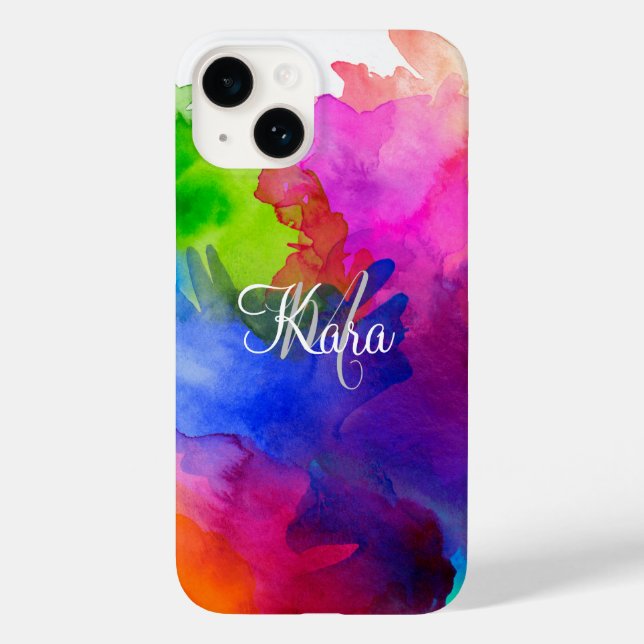 Rainbow Watercolor Abstract Name Monogram Case-Mate iPhone Case (Back)