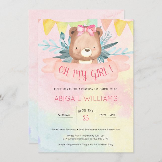 Rainbow Watercolor Bear Girl Baby Shower Invitation (Front/Back)
