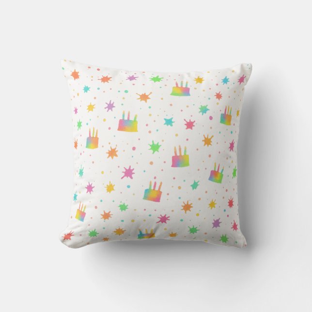 Rainbow Watercolor Birthday Cake Colorful Paint Cushion (Front)