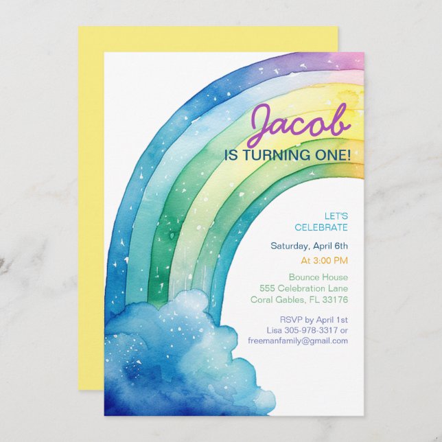 Rainbow Watercolor Boys Birthday Party  Invitation (Front/Back)