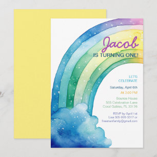 Rainbow Watercolor Boys Birthday Party  Invitation