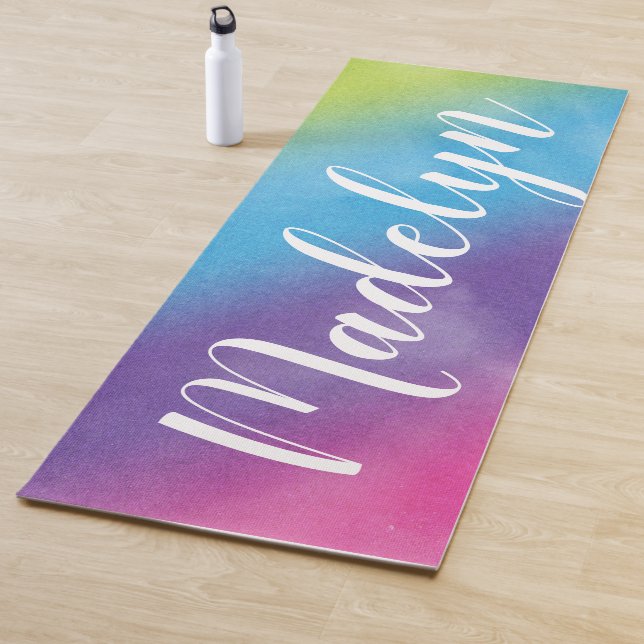 Rainbow Watercolor Custom Script Monogram Name Yoga Mat (In Situ)