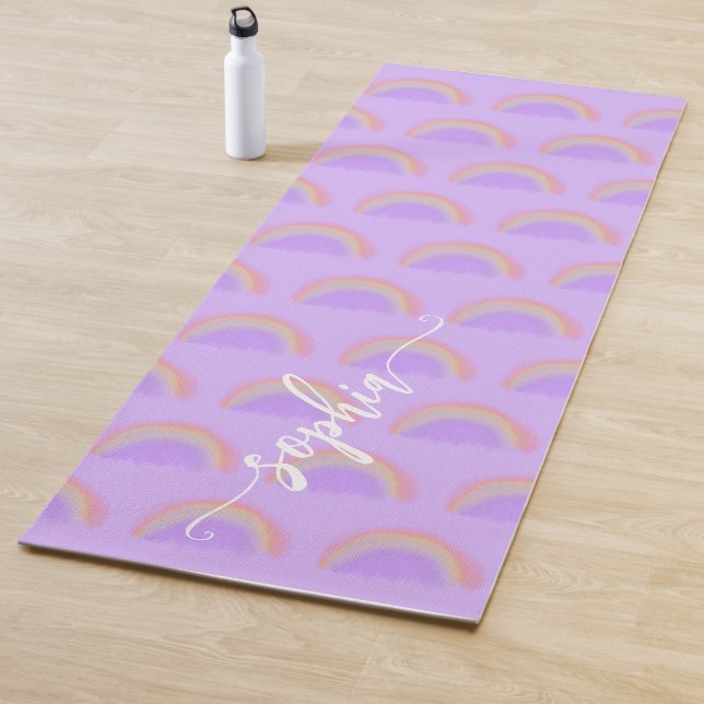 Rainbow watercolor custom script name yoga mat (In Situ)