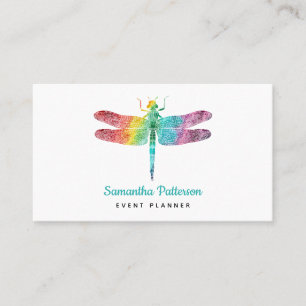 Rainbow Watercolor Dragonfly Modern Feminine Business Card
