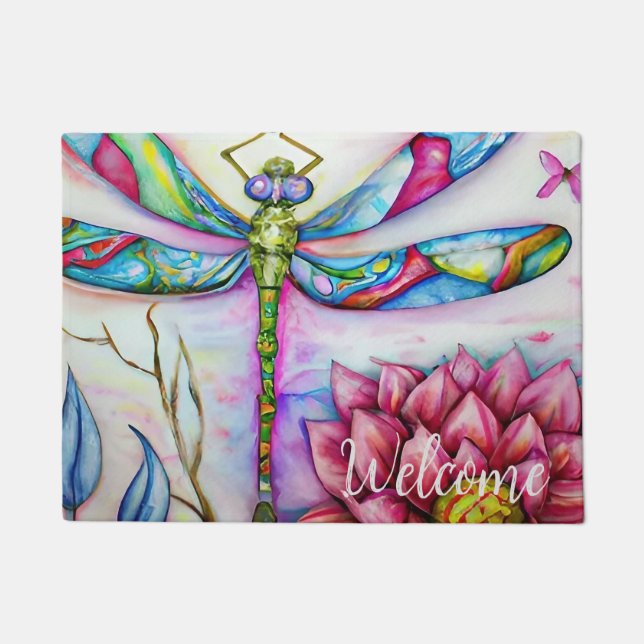 Rainbow Watercolor Dragonfly, Personalise   Doormat (Front)
