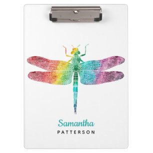 Rainbow Watercolor Dragonfly Personalised Feminine Clipboard