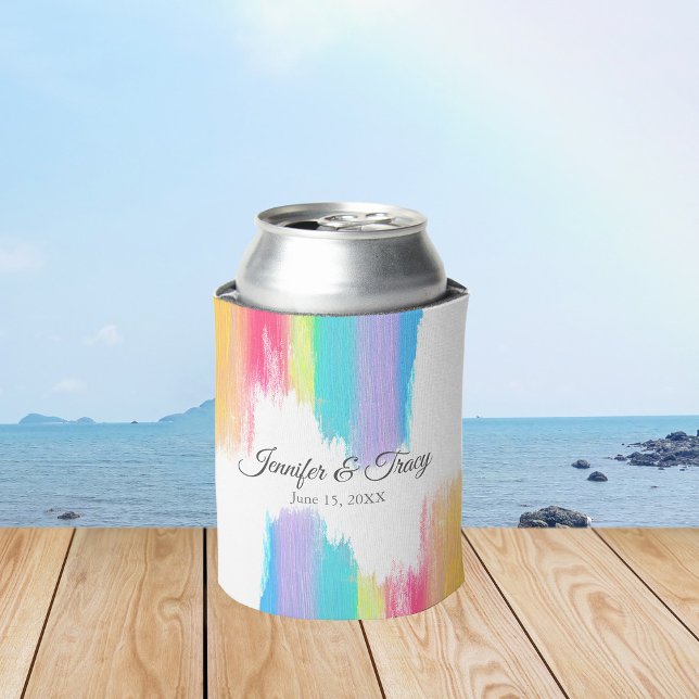 Rainbow Watercolor Elegant Modern Gay Wedding Can Cooler (Creator Uploaded)