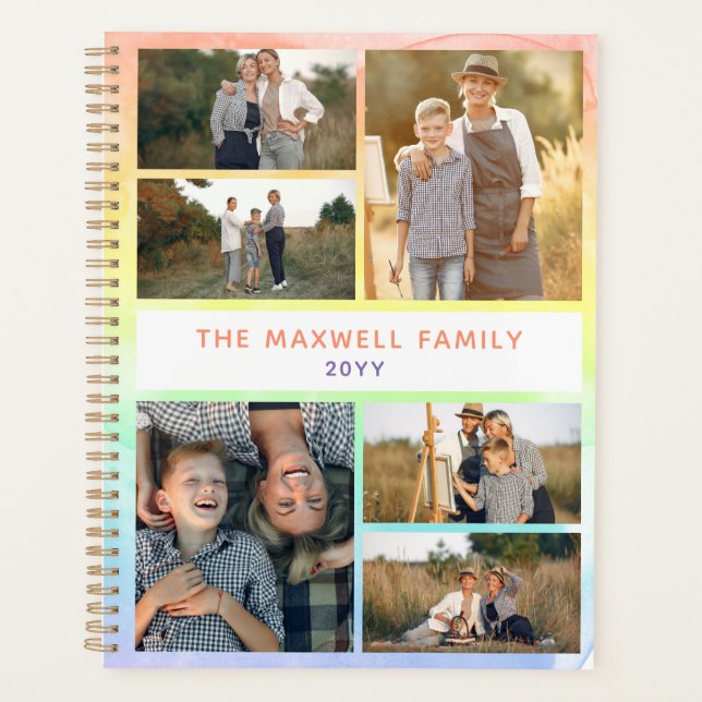 Rainbow Watercolor Family Photo Collage Planner (Front)