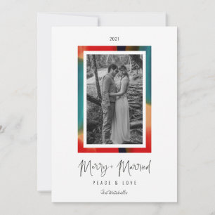 Rainbow Watercolor Frame Merry and Married Peace Holiday Card