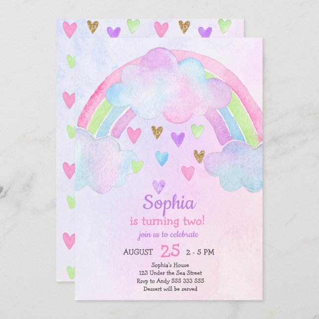 Rainbow Watercolor Girl Birthday Invitation (Front/Back)