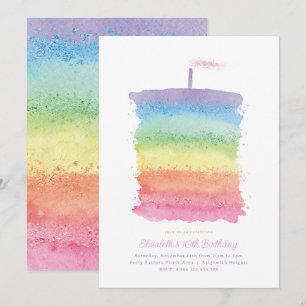 Rainbow Watercolor Glitter Cake First Birthday Invitation