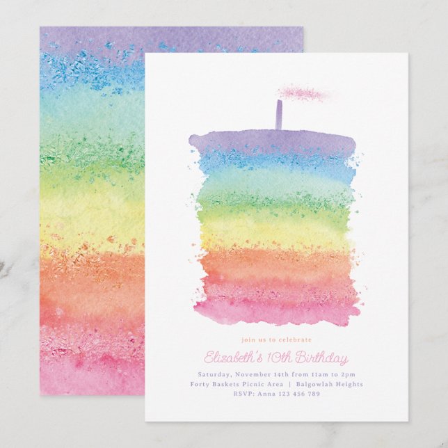 Rainbow Watercolor Glitter Cake First Birthday Invitation (Front/Back)