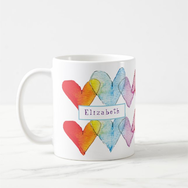 Rainbow Watercolor Hearts Hand-Painted Monogram Coffee Mug (Left)