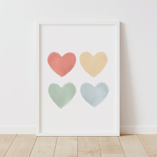 Rainbow Watercolor Hearts Nursery Poster