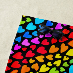Rainbow Watercolor Hearts Pattern Beach Towel