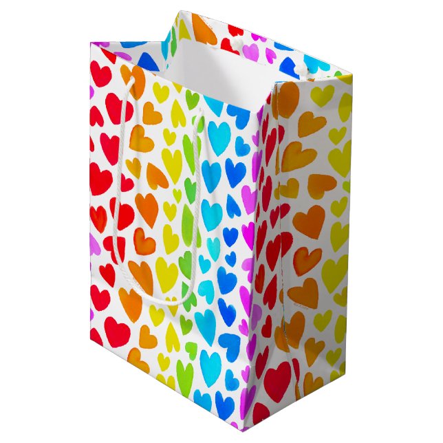 Rainbow Watercolor Hearts Pattern Medium Gift Bag (Front Angled)