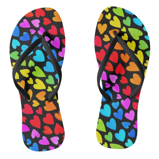Rainbow Watercolor Hearts Pattern Thongs (Footbed)