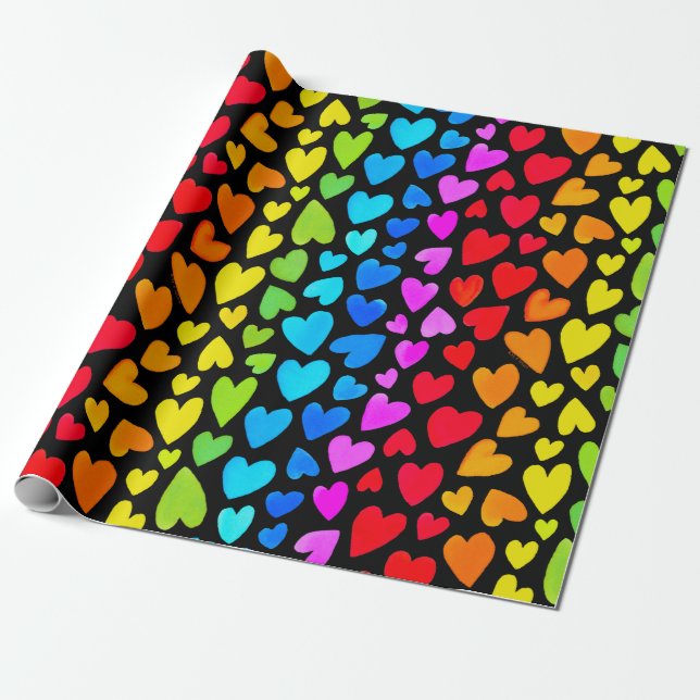 Rainbow Watercolor Hearts Pattern Wrapping Paper (Unrolled)