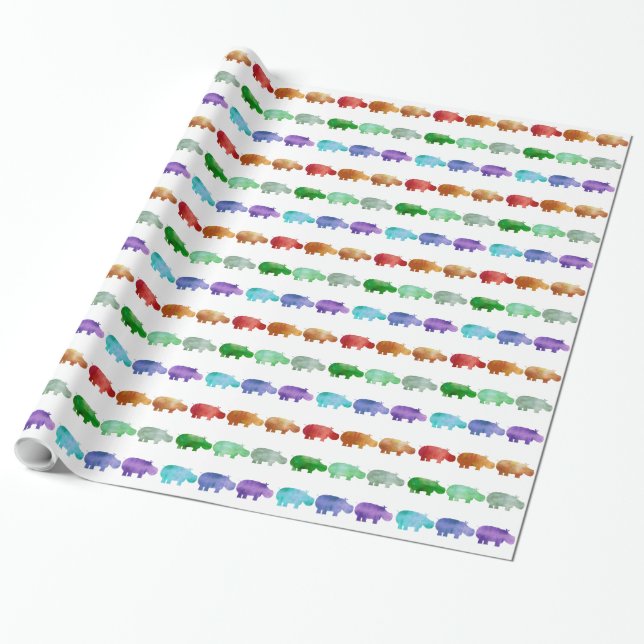 Rainbow Watercolor Hippo Wrapping Paper, Glossy Wrapping Paper (Unrolled)
