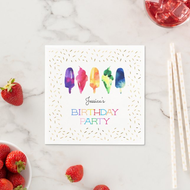Rainbow Watercolor Ice Cream Ice Pops Stylish Gold Napkin (Insitu)