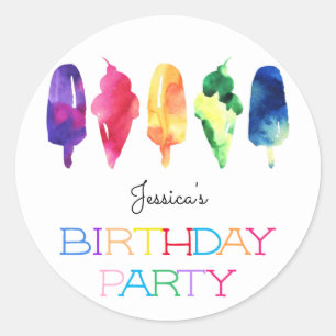 Rainbow Watercolor Ice Cream Popsicle Birthday Classic Round Sticker