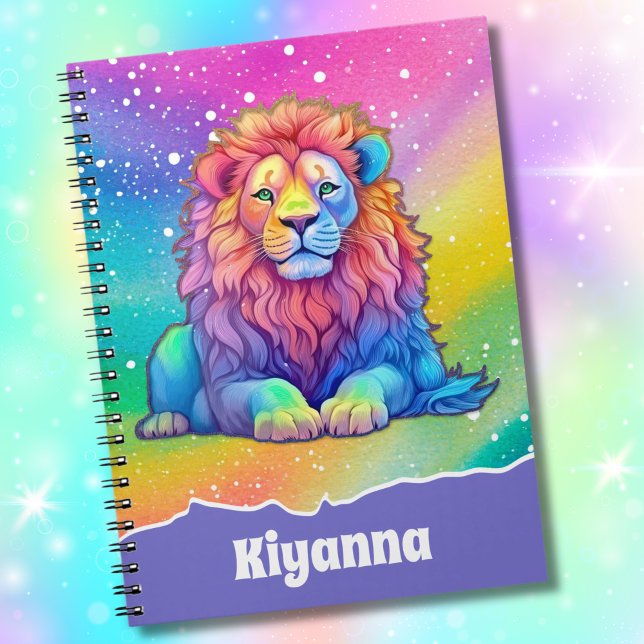 Rainbow Watercolor Lion with Faux Glitter Custom Notebook (A beautiful rainbow lion notebook features a "unicorn gradient" background and personalized text.)