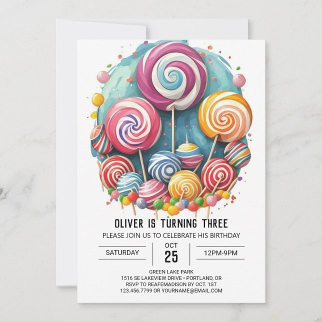 Rainbow Watercolor Lollipop Birthday Invitation (Front)