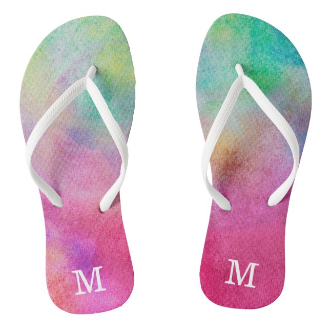 Rainbow Watercolor Monogram Thongs (Footbed)