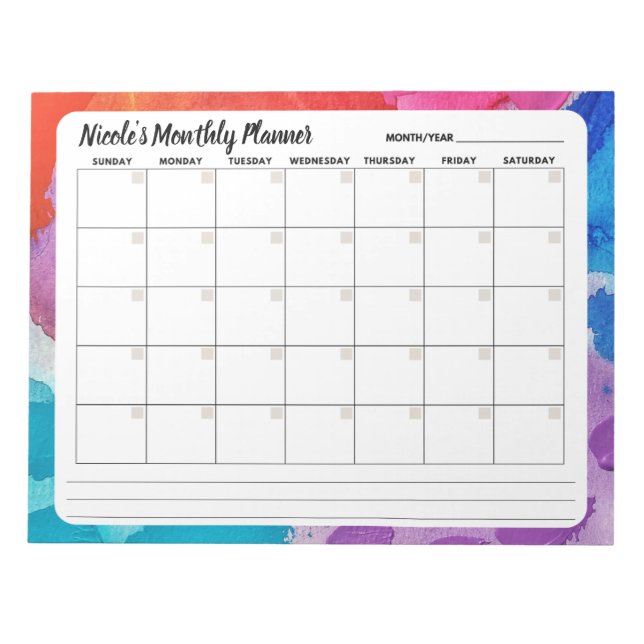 Rainbow Watercolor Monthly Calendar Notepad (Front)