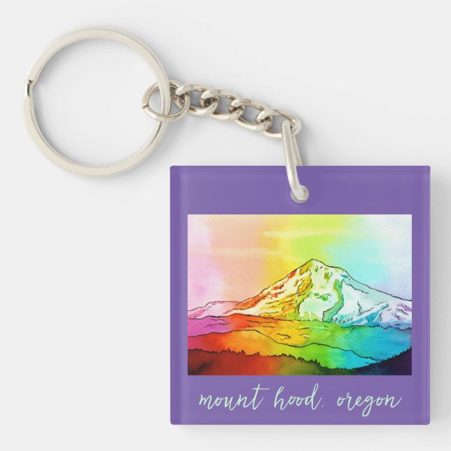 Rainbow Watercolor Mount Hood Key Ring (Front)