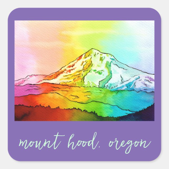 Rainbow Watercolor Mount Hood Square Sticker (Front)