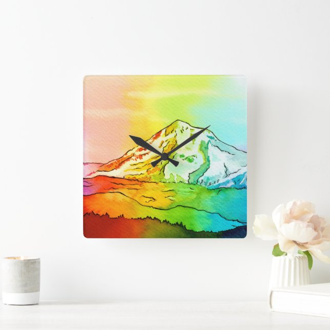 Rainbow Watercolor Mount Hood Square Wall Clock (Home)