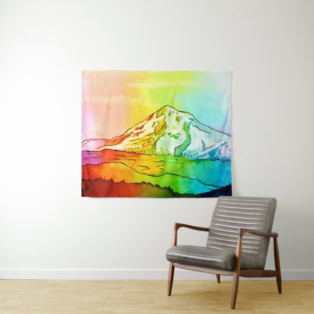 Rainbow Watercolor Mount Hood Tapestry (In Situ (Horizontal))